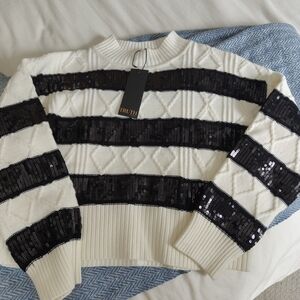 TRUTH Cream Crewneck Sweater with Black Sequin Stripes